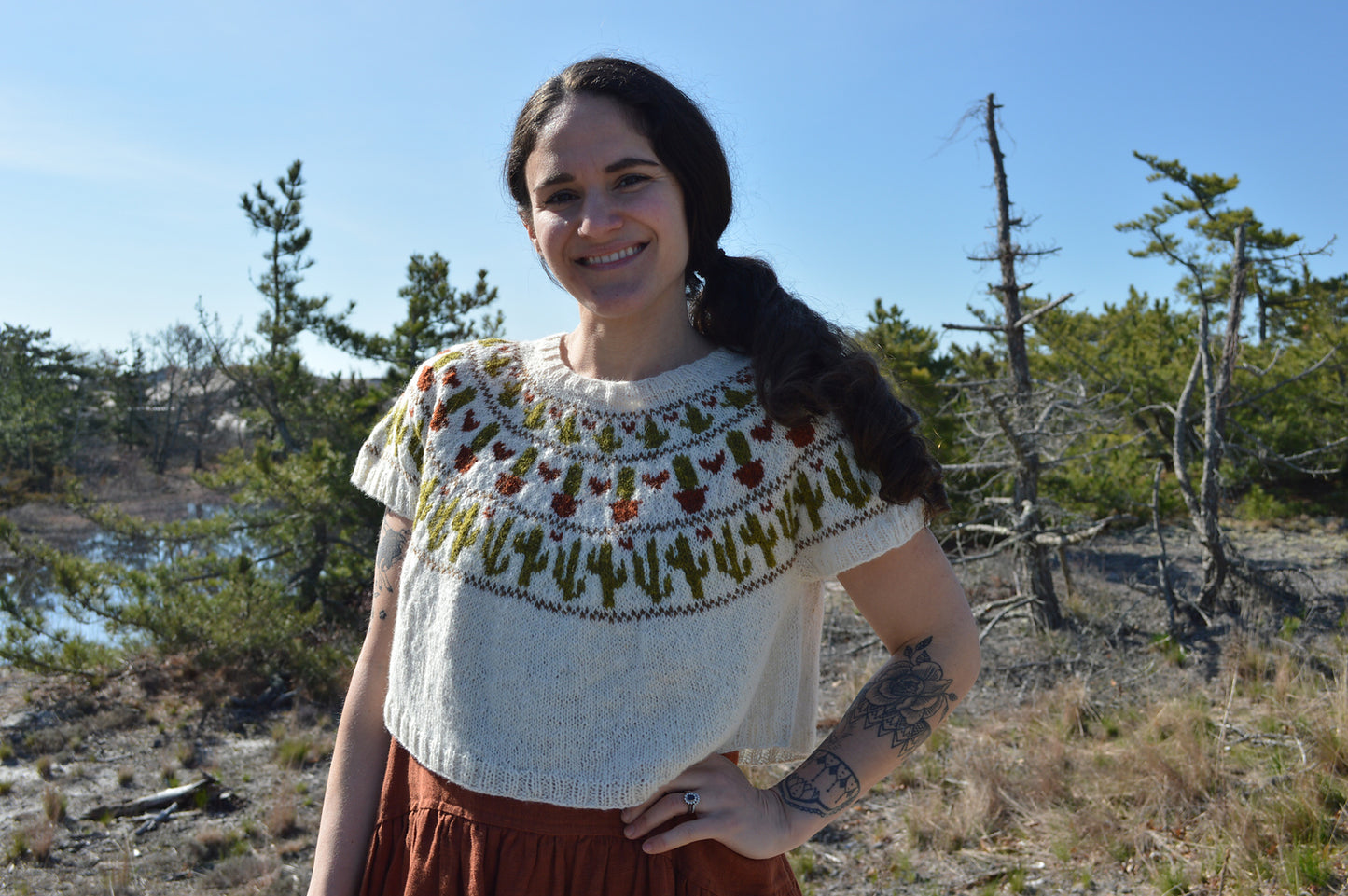 Cacti Crop sweater knitting pattern from Boho Chic Fiber Co