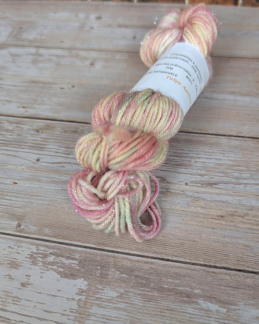 🧵 Mini écheveau teint à la main - Chaussettes à paillettes Tulipe Apricot Beauty