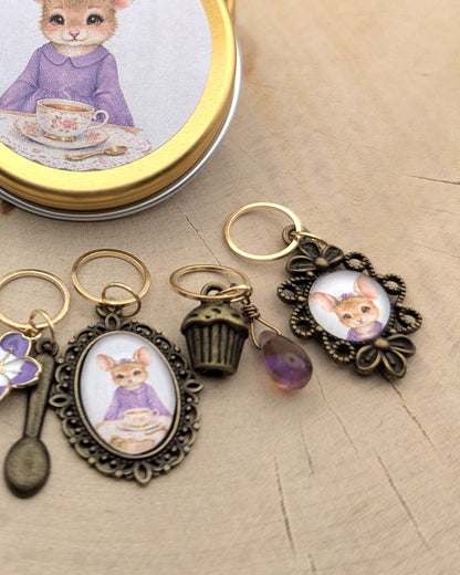 🧶 Ensemble de 5 marqueurs tricot – 🌷 Violette, le cœur en fête