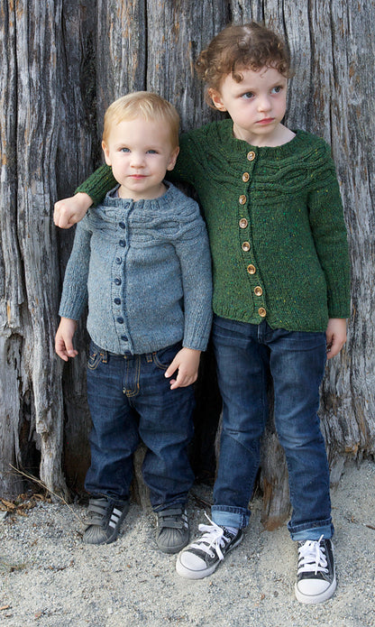 Caribou cable-knit children's cardigan knitting pattern (adult and child sizes)