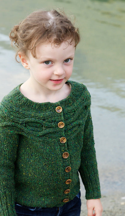 Caribou cable-knit children's cardigan knitting pattern (adult and child sizes)