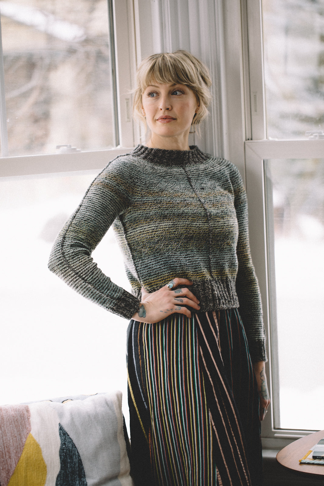 Metamorphic sweater knitting pattern by Andrea Mowry