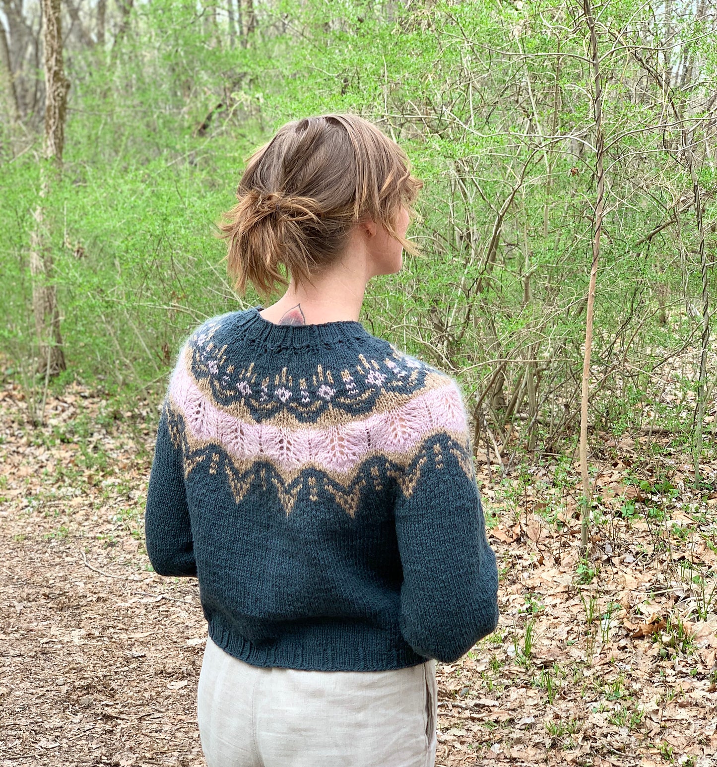 Pink Moon sweater knitting pattern by This Bird Knits Designs